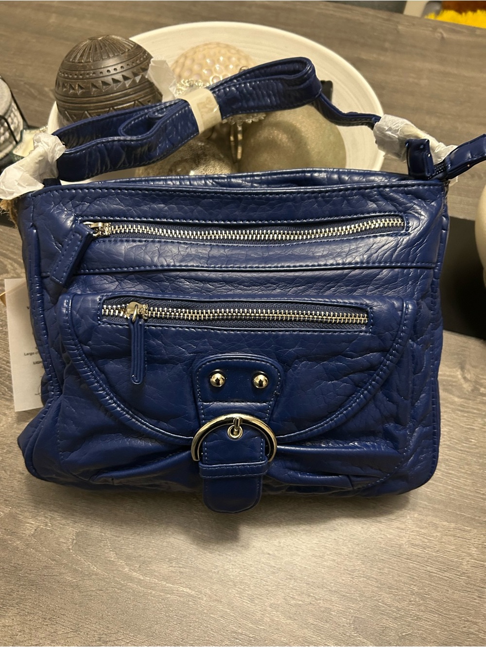 Navy Quilted Crossbody Bag with Front Buckle Accent
